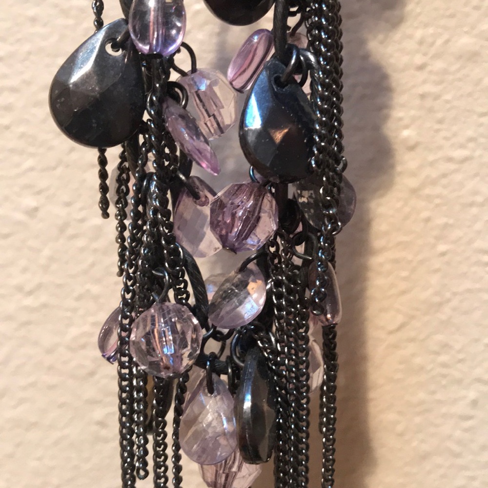 Necklace with purple beads and metallic fringe